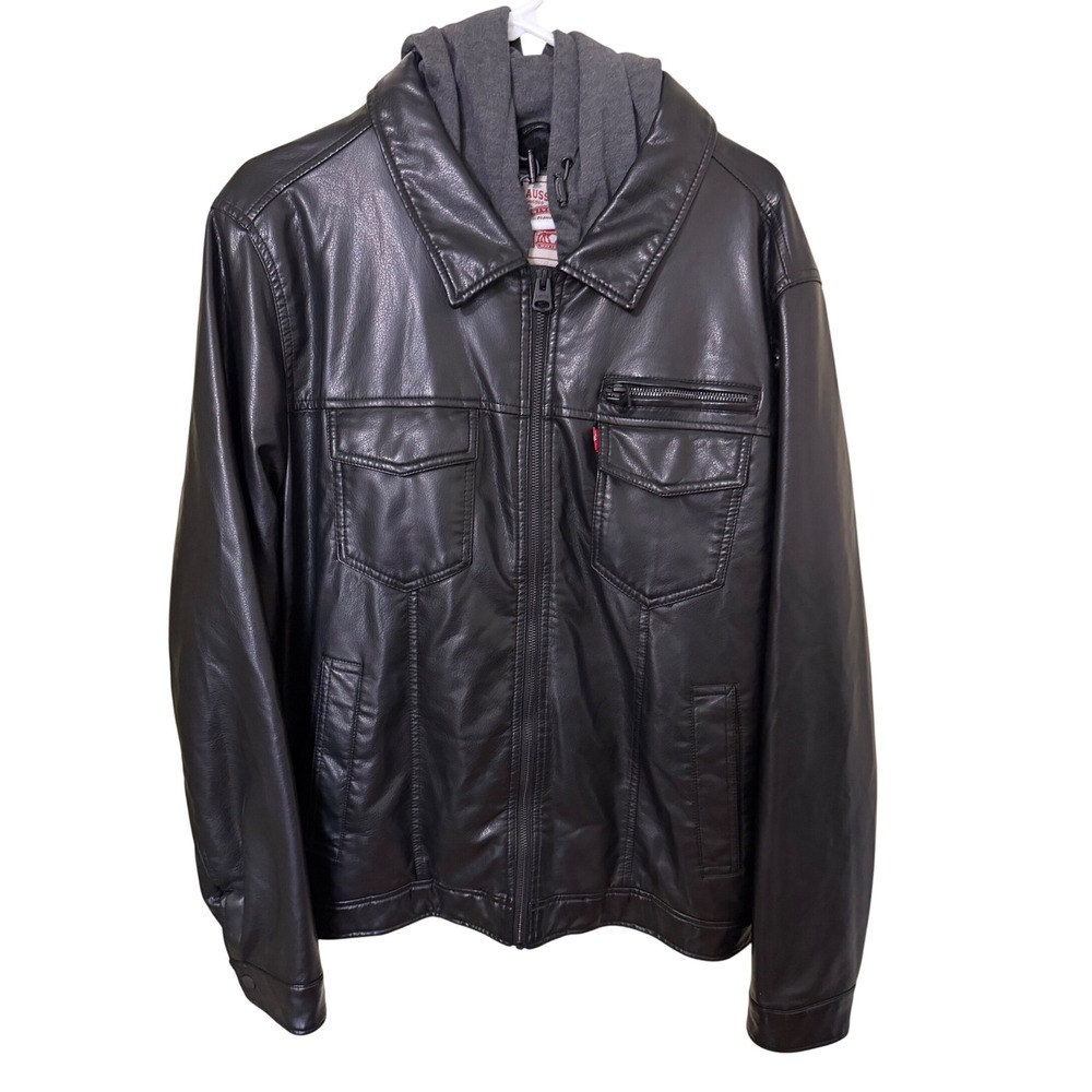 Levi Strauss Mens Faux Leather Sherpa Lined Hooded Trucker Jacket Black Large